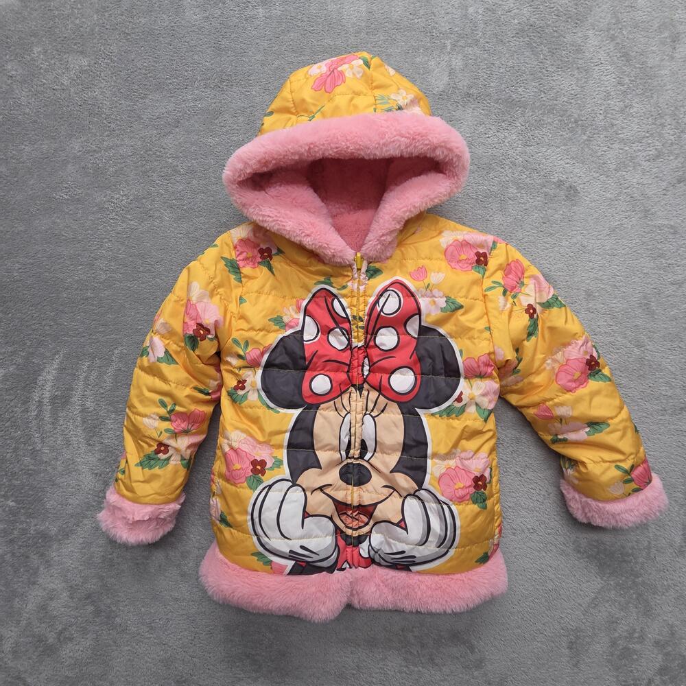 Disney Junior Puffer Jacket Girls Size 5 Yellow Minnie Hooded Reversible
